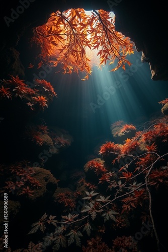 An undersea world bathed in warm autumnal colors, high contrast, and low-key lighting cast deep shadows, creating a dramatic, earthy, and cozy atmosphere.