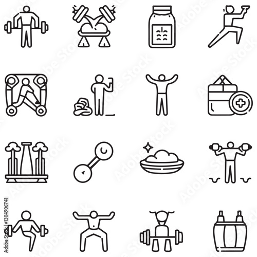 Sport and Fitness set of web icons in line style. Gym and health care. Healthy lifestyle icons. Nutrition and dieting, training, body care, healthy food, workout, 