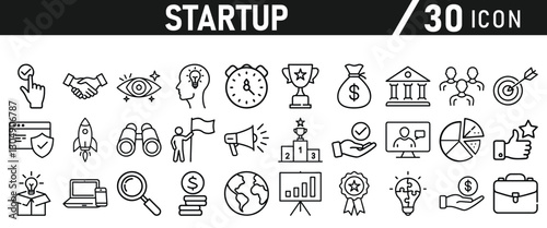 Startup icon set in liner style. Innovation, business plan, investment, launch, funding, investor and entrepreneurship icons. Solid icon collection.
