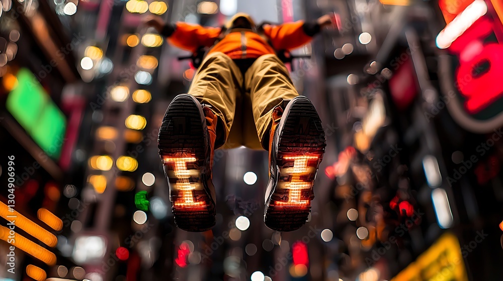 Naklejka premium A person in an orange jacket floating above a bustling city street adorned with neon lights