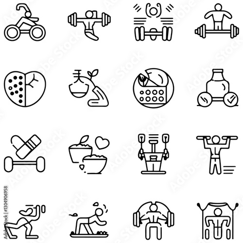 Sport and Fitness set of web icons in line style. Gym and health care. Healthy lifestyle icons. Nutrition and dieting, training, body care, healthy food,......................