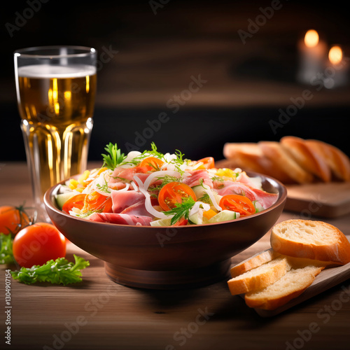 bowl with salad with tomatoes and prosciutto, cut bread, glass of beer on the table
