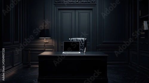 Empty dark office interior, dramatic lighting, desk, laptop. Potential use Stock photo for business, luxury, interior design photo