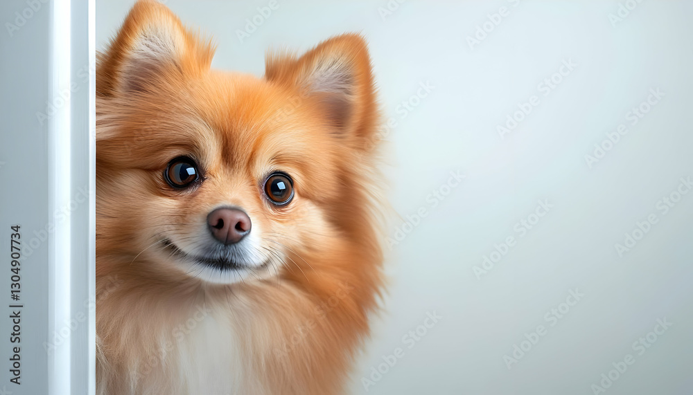 A curious Pomeranian dog peeks around a corner, showcasing its fluffy coat and expressive eyes, embodying playful innocence and charm. A curious Pomeranian dog peeks around a corner, showcasing its fluffy coat and expressive eyes, embodying playful innocence and charm.
