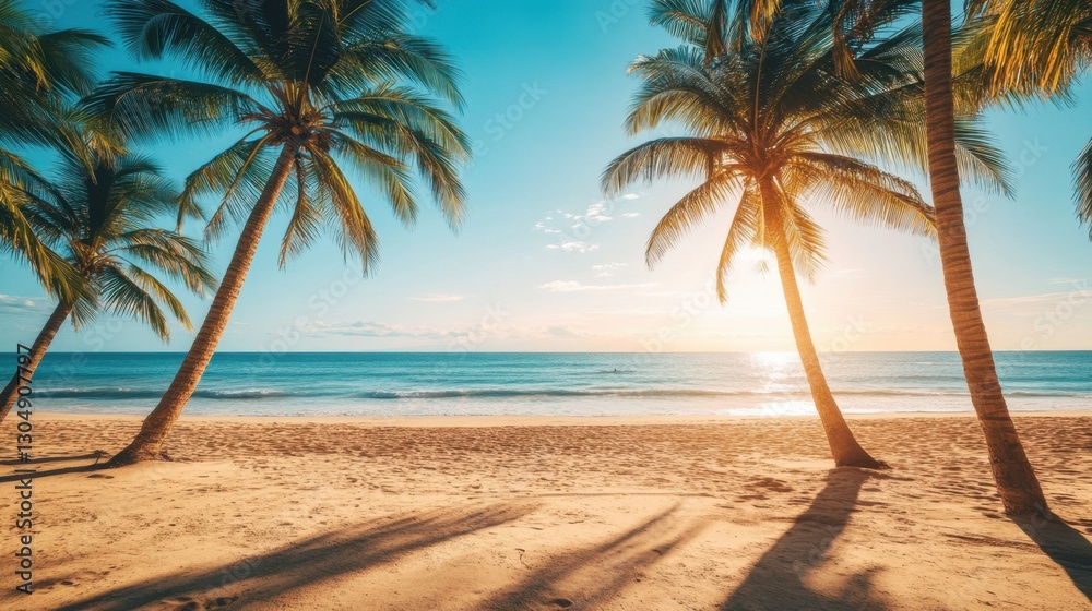 Fototapeta premium Serene Tropical Beach at Sunset with Tall Palm Trees and Calm Ocean Waves Under Clear Blue Sky in a Peaceful Coastal Paradise Setting