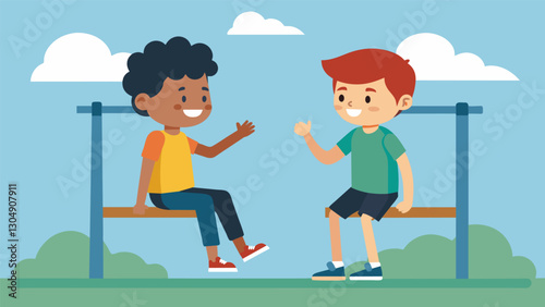 Two boys sitting on the monkey bars discussing plans for the upcoming school year while sneakily passing around a secret handshake.. Vector illustration