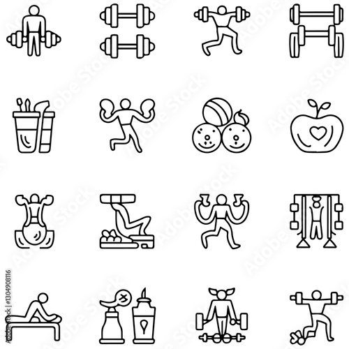 Sport and Fitness set of web icons in line style. Gym and health care. Healthy lifestyle icons. Nutrition and dieting, training, body care, healthy food,...........