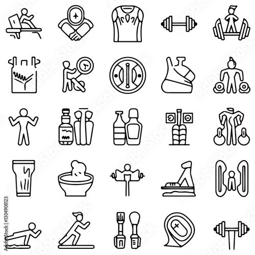 Sport and Fitness set of web icons in line style. Gym and health care. Healthy lifestyle icons. Nutrition and dieting, training, body care, healthy food,............