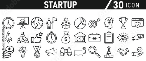 Startup icon set in liner style. Innovation, business plan, investment, launch, funding, investor and entrepreneurship icons. Solid icon collection.