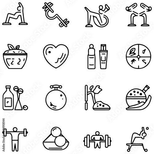 Sport and Fitness set of web icons in line style. Gym and health care. Healthy lifestyle icons. Nutrition and dieting, training, body care, healthy food,..........