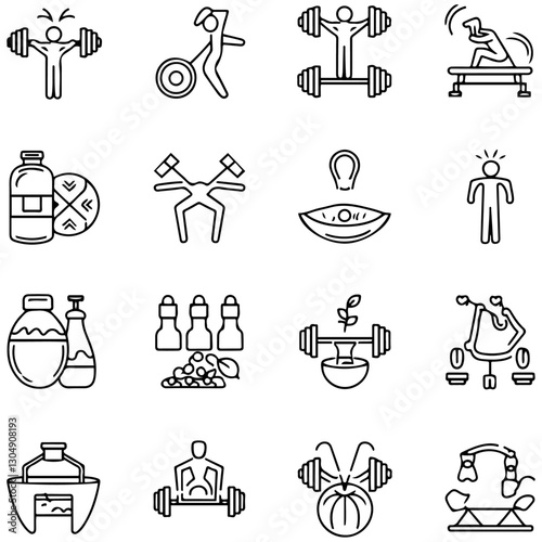 Sport and Fitness set of web icons in line style. Gym and health care. Healthy lifestyle icons. Nutrition and dieting, training, body care, healthy food,........