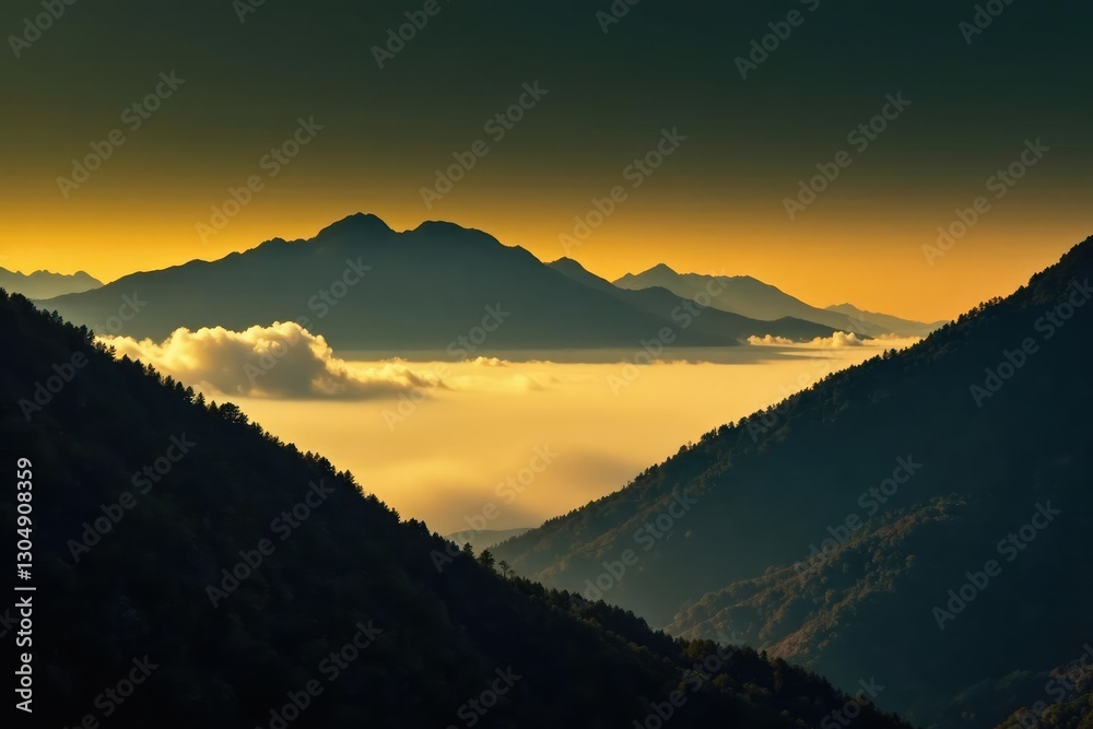 Obraz premium Yellow fog rolling in behind mountains with black background, scenery, cloud, mountains
