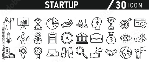 Startup icon set in liner style. Innovation, business plan, investment, launch, funding, investor and entrepreneurship icons. Solid icon collection.