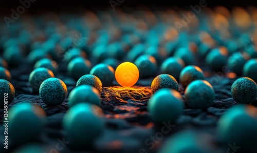Amidst darkness, small round orange figures catch the eye