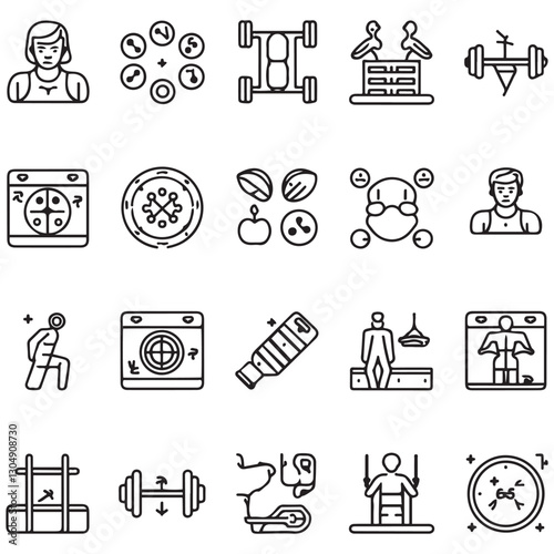 Sport and Fitness set of web icons in line style. Gym and health care. Healthy lifestyle icons. Nutrition and dieting, training, body care, healthy food, workout, 