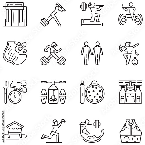 Sport and Fitness set of web icons in line style. Gym and health care. Healthy lifestyle icons. Nutrition and dieting, training, body care, healthy food, workout, 