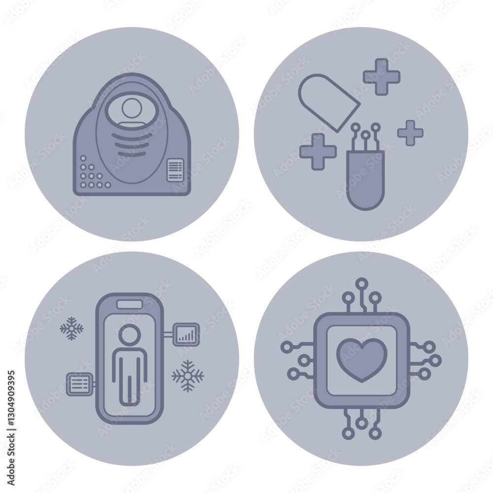 Collection of various icons symbolizing health technology advancements. Devices for monitoring health, medical capsules, data tracking, and health informatics Collection of various icons symbolizing health technology advancements. Devices for monitoring health, medical capsules, data tracking, and health informatics