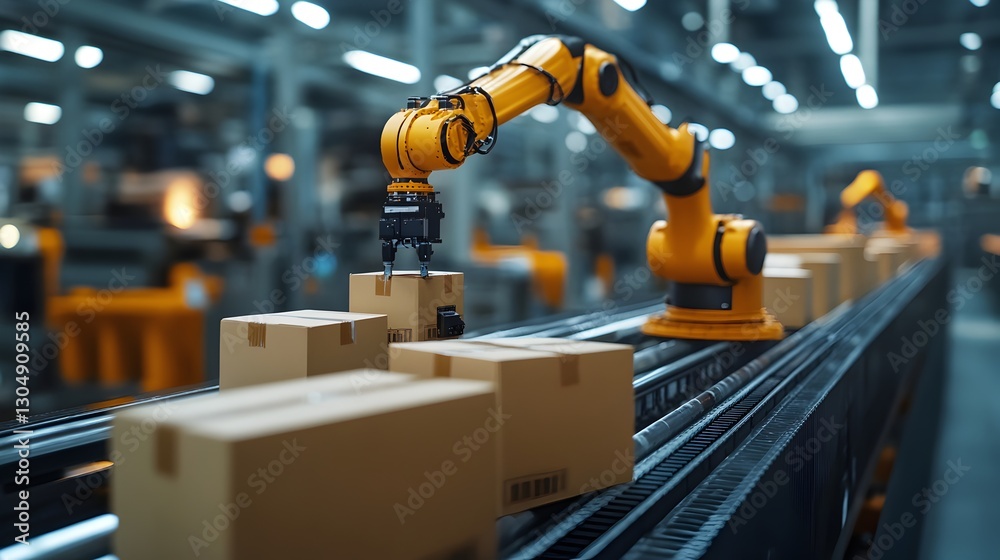 A hightech robot efficiently moving boxes on an automated conveyor in a modern warehouse A hightech robot efficiently moving boxes on an automated conveyor in a modern warehouse