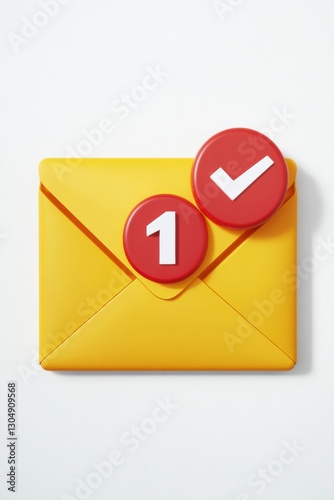 A modern yellow envelope with two red notification icons, one showing a new message and the other a checkmark