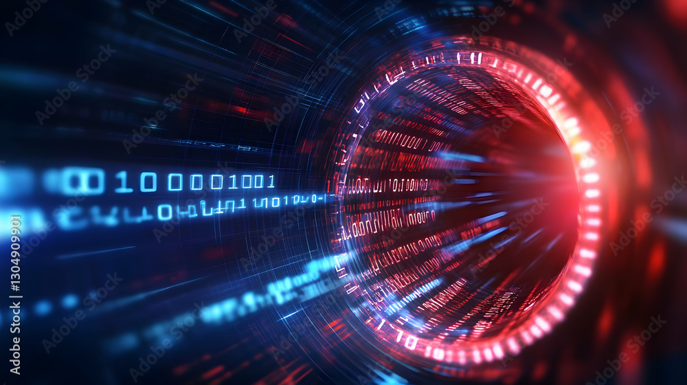 Obraz premium A futuristic view of digital data swirling in a vortex, showcasing binary code in vibrant red and blue colors.