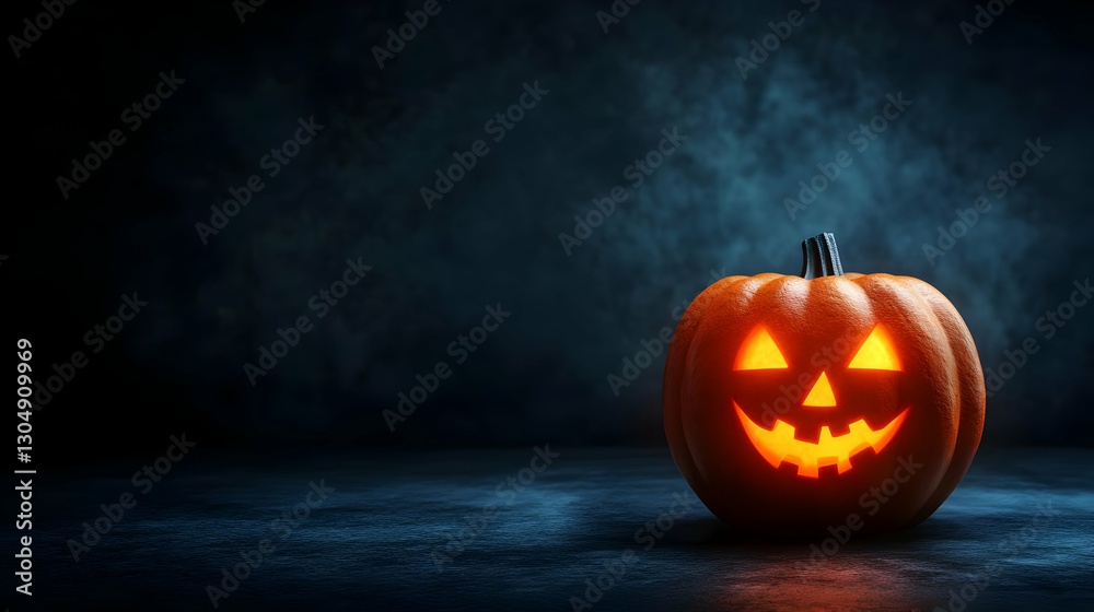 Naklejka premium A glowing jack-o'-lantern in a dark setting, creating a spooky atmosphere perfect for Halloween celebrations and festive decorations.