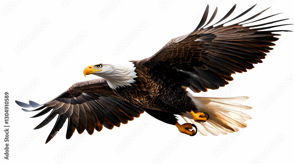 Fototapeta premium A majestic bald eagle in flight, showcasing its powerful wings and striking features against a clean background.