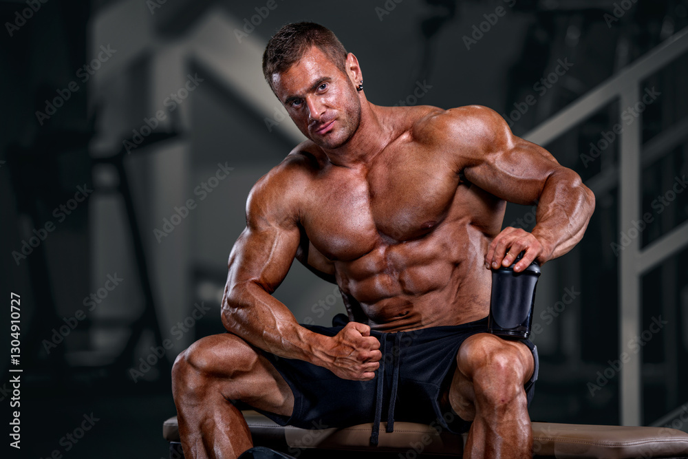 Handsome Bodybuilder at the Gym holding Protein Drink Handsome Bodybuilder at the Gym holding Protein Drink