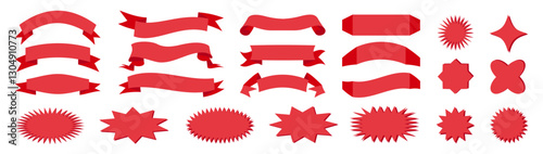 Red ribbon banner set. Ribbon for text, price tag, sale and advertising label, discount.