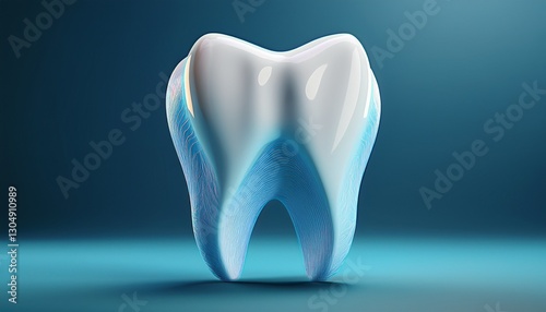 a tooth is shown in a 3d image with a blue background the tooth is white and has a unique texture concept of modernity and technology as it is a 3d rendering of a tooth