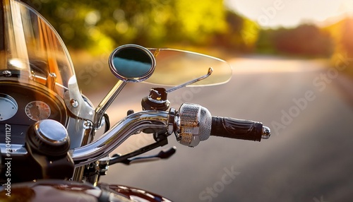 motorcycle rear view of chrome custom accessory rearview mirror and aftermarket throttle grip of unrecognizable classic motorbike photo