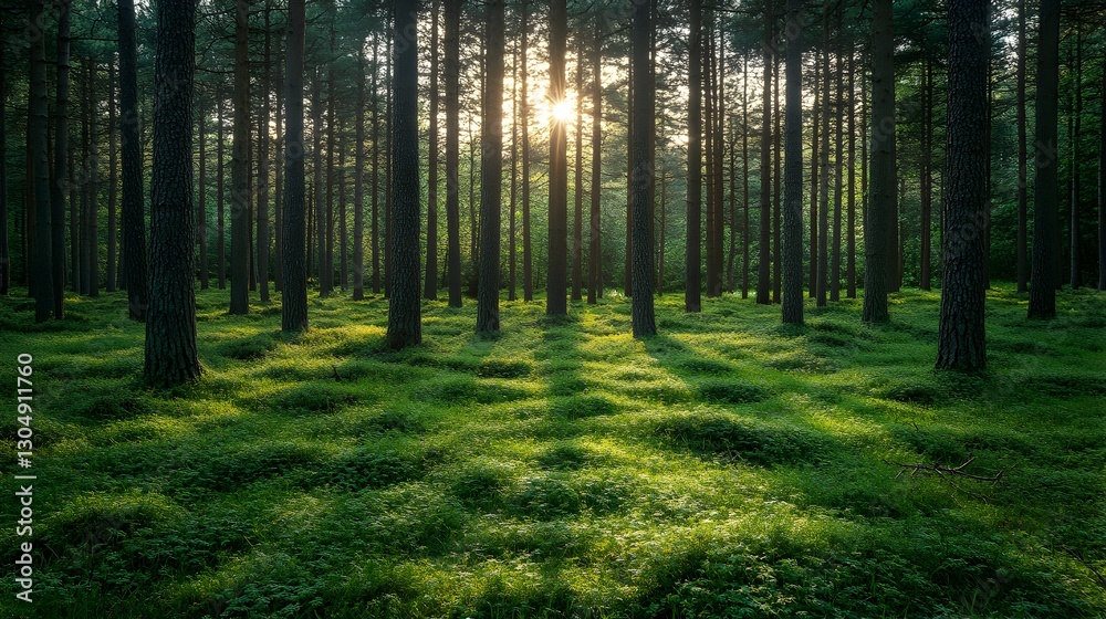 Obraz premium Lush green forest landscape featuring tall trees and vibrant green grass under blue sky