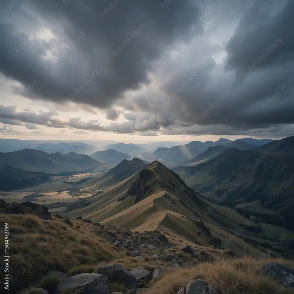 Naklejka premium Scenic Mountain Range Landscape Under Dramatic Sky with Sun Rays Shining