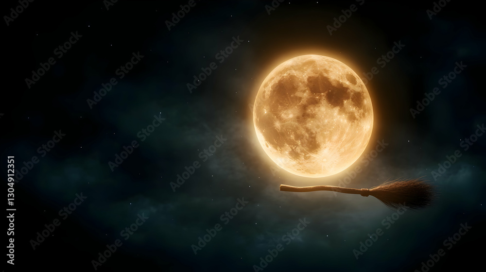 Naklejka premium A mystical scene featuring a glowing full moon amidst clouds, evoking a sense of wonder and imagination.