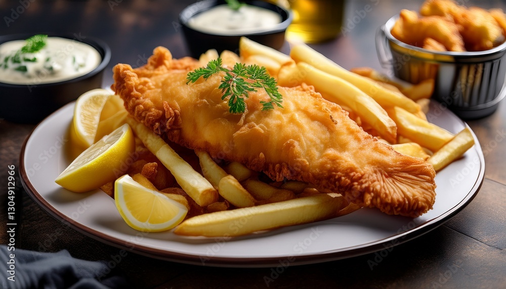 a classic fish and chips dish featuring crispy battered fish and golden fries perfect for a comforting hearty meal a classic fish and chips dish featuring crispy battered fish and golden fries perfect for a comforting hearty meal