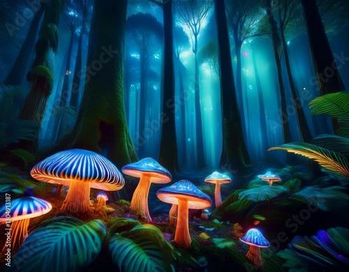 enthralling bioluminescent fungi witness the magic of glowing mushrooms illuminating the exotic tropical forest at night discover mystical and vivid details in this captivating nocturnal scene