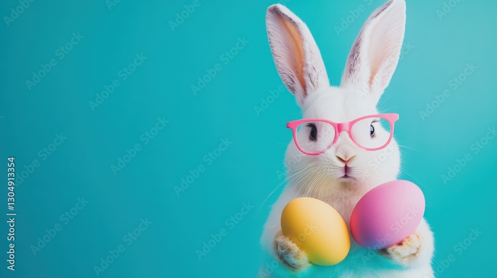 Fototapeta premium Cute White Rabbit Wearing Pink Glasses Holding Colorful Easter Eggs Against a Bright Blue Background Ideal for Spring Celebrations and Festive Occasions