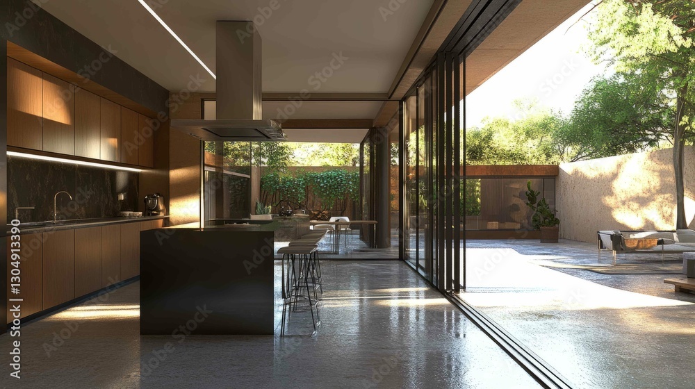 Fototapeta premium Bright modern kitchen with open-concept design and seamless patio access