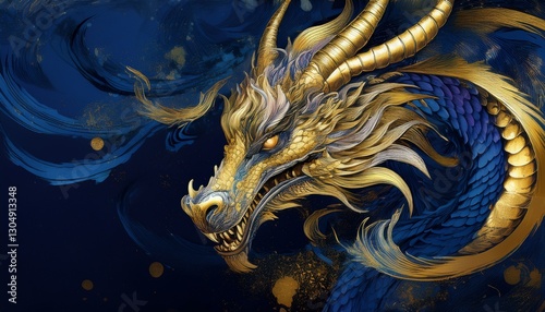 dragon with watermarks in gold and cobalt blue color decorative image for poster or creative background fantasy