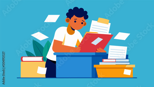 With a determined look on their face the student efficiently sorts through a pile of papers and files them into the appropriate folders ready to be put away.. Vector illustration