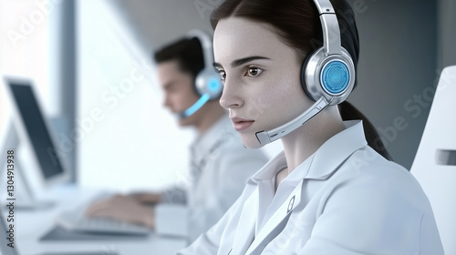 robot call center agents wearing a headset with microphone