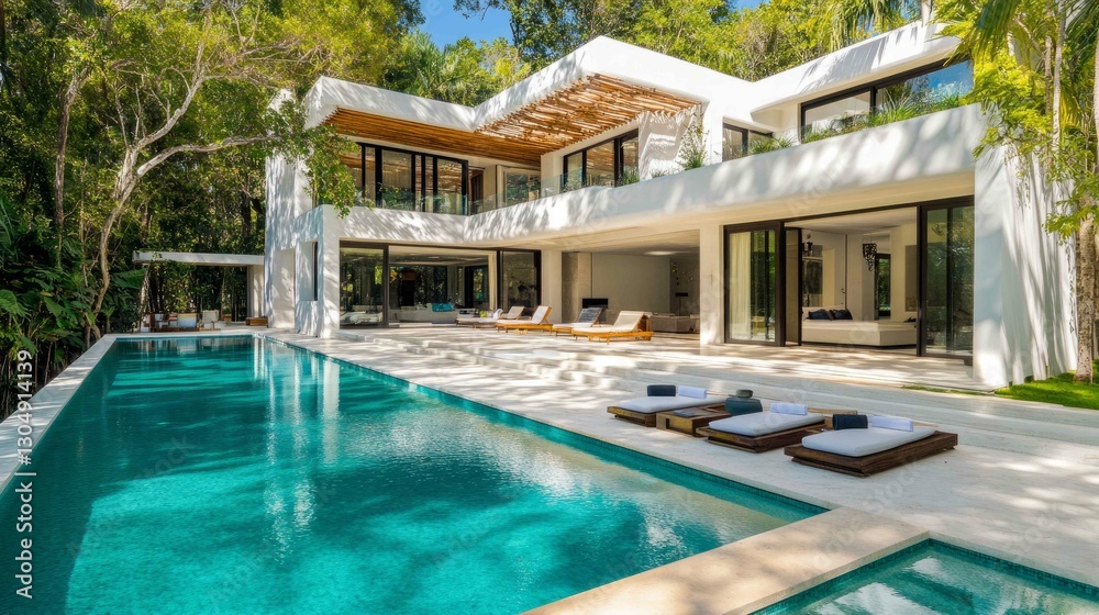 Elegant white villa with a turquoise pool and vibrant natural surroundings Elegant white villa with a turquoise pool and vibrant natural surroundings