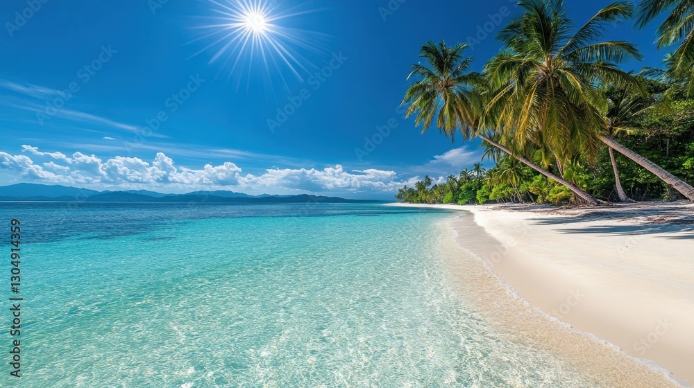 Fototapeta premium Exquisite Tropical Beach View with Clear Blue Water, Swaying Palm Trees, and Bright Sun in a Vibrant Sky