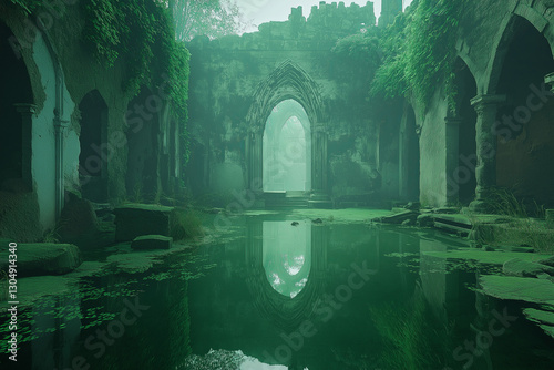 Obraz na płótnie Ancient Emerald City in Misty Waters – Crumbling Ruins, Glowing Vines, and Ethereal Spirits Whispering Forgotten Secrets w salonie