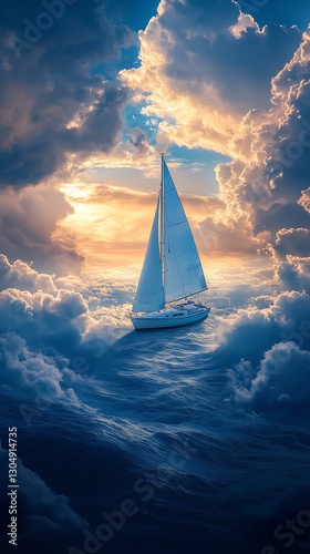 Sailboat gliding through beautiful sunset clouds