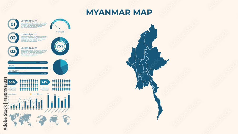Obraz premium Infographic Map of Myanmar. Vector Map of a global map in the form of regions of Myanmar. Vector Illustration