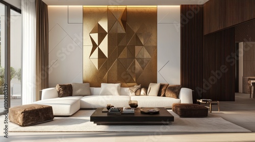 Modern Living Room Interior Design; Contemporary Sofa, Gold Accent Wall photo