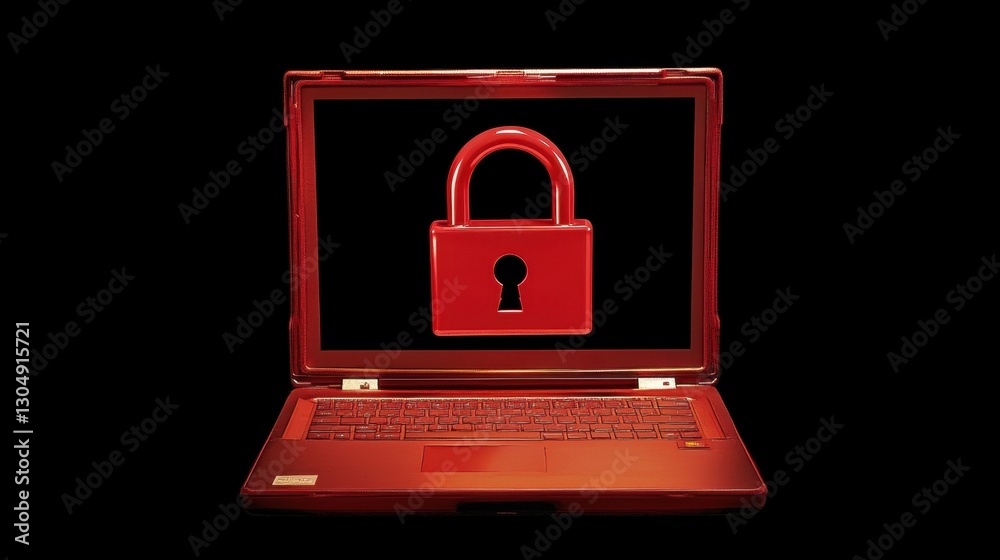 Red laptop with a digital padlock symbol on the screen representing online security and data protection in modern technology and cybersecurity concepts Red laptop with a digital padlock symbol on the screen representing online security and data protection in modern technology and cybersecurity concepts