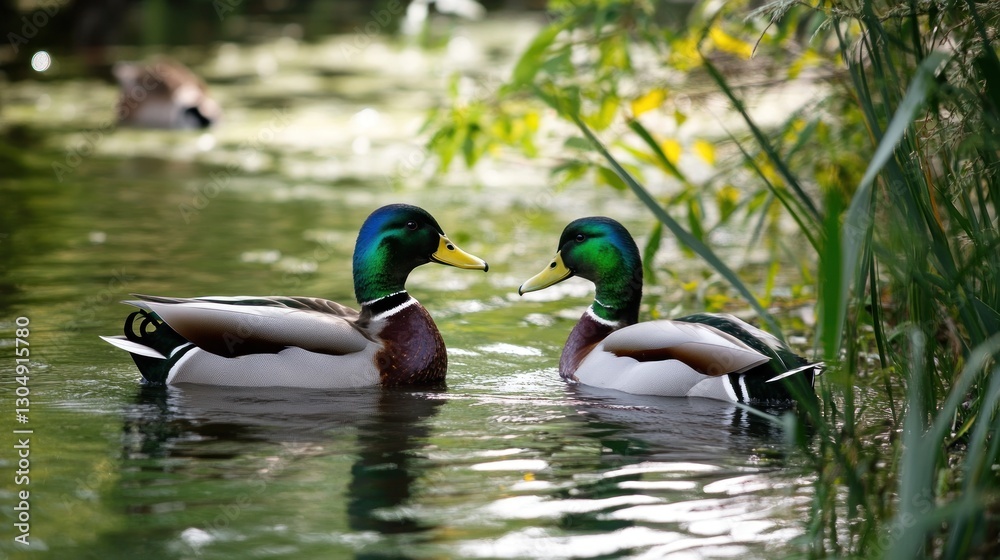 Obraz premium Serene Encounter: Two Mallards on a Tranquil Stream