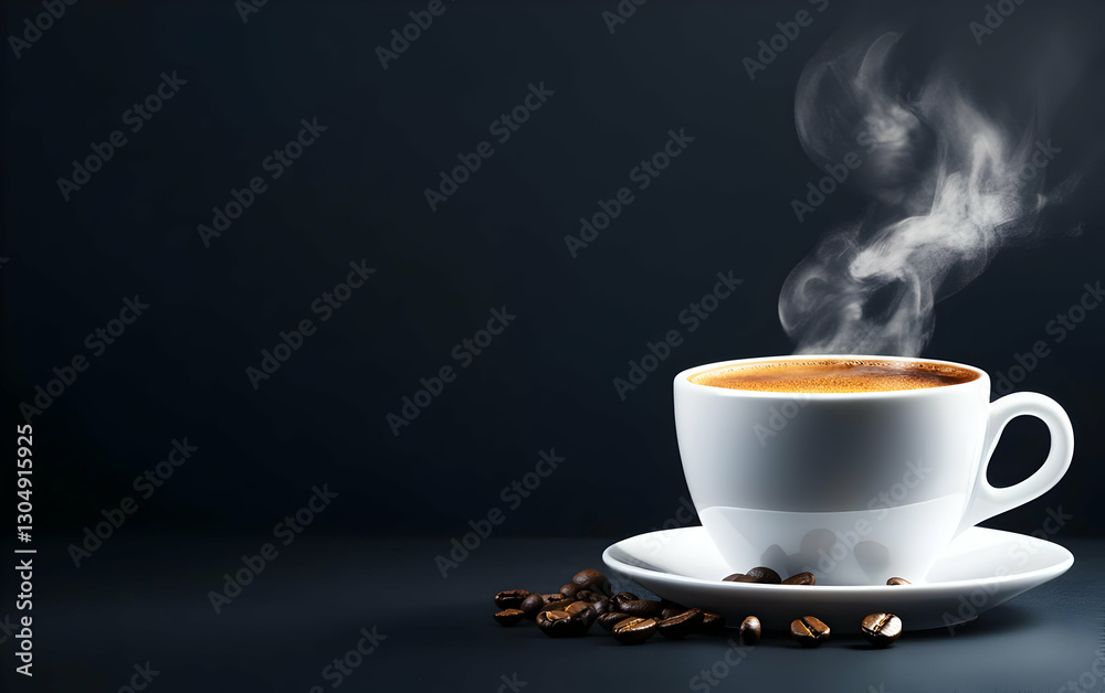 A steaming cup of coffee on a dark background, surrounded by coffee beans, evoking warmth and relaxation. A steaming cup of coffee on a dark background, surrounded by coffee beans, evoking warmth and relaxation.