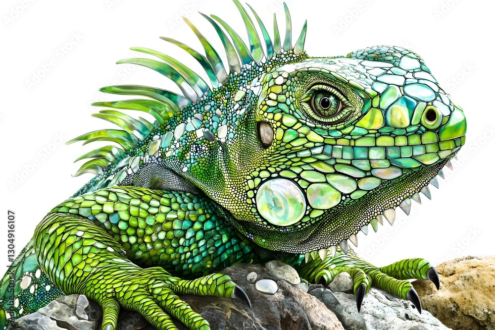 Fototapeta premium Iguana in the Tropical Forest amidst lush foliage, hiding in a tree branch, sharp eyes watching every movement. The humid tropical habitat is the perfect place for this reptile